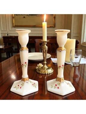 Fenton Hand Painted Signed V Adkins-Satin Twining Berries Candlesticks-Pair